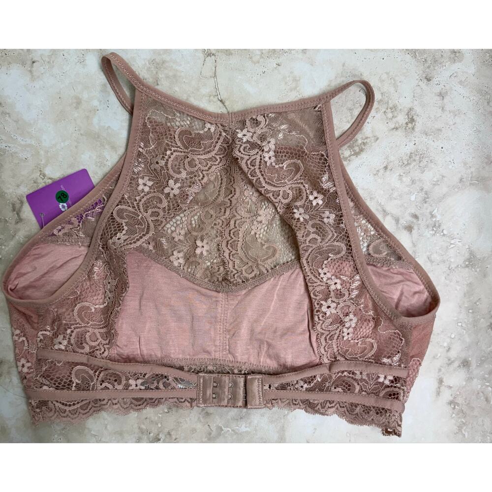 Anemone plush pink lace high neck padded Bralette open back M/L NWT